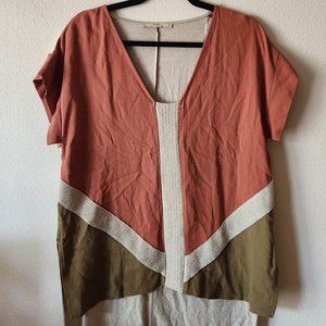 Zara Mixed Media Earth Tone High Low Short Sleeve Top